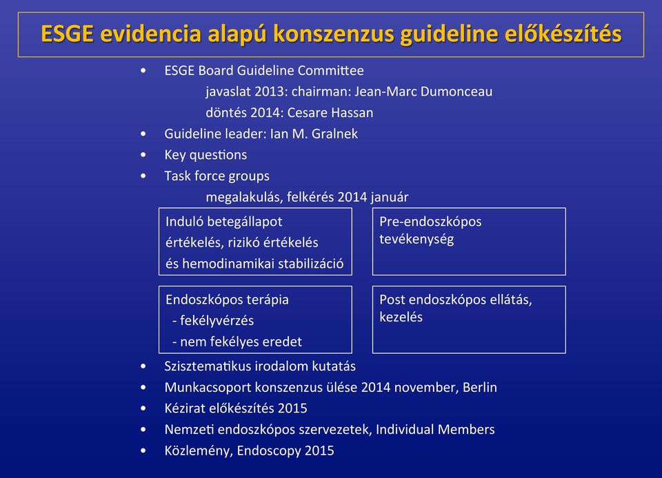 Gralnek Key queslons Task force groups megalakulás, felkérés 2014 január Induló betegállapot értékelés, rizikó értékelés és hemodinamikai stabilizáció