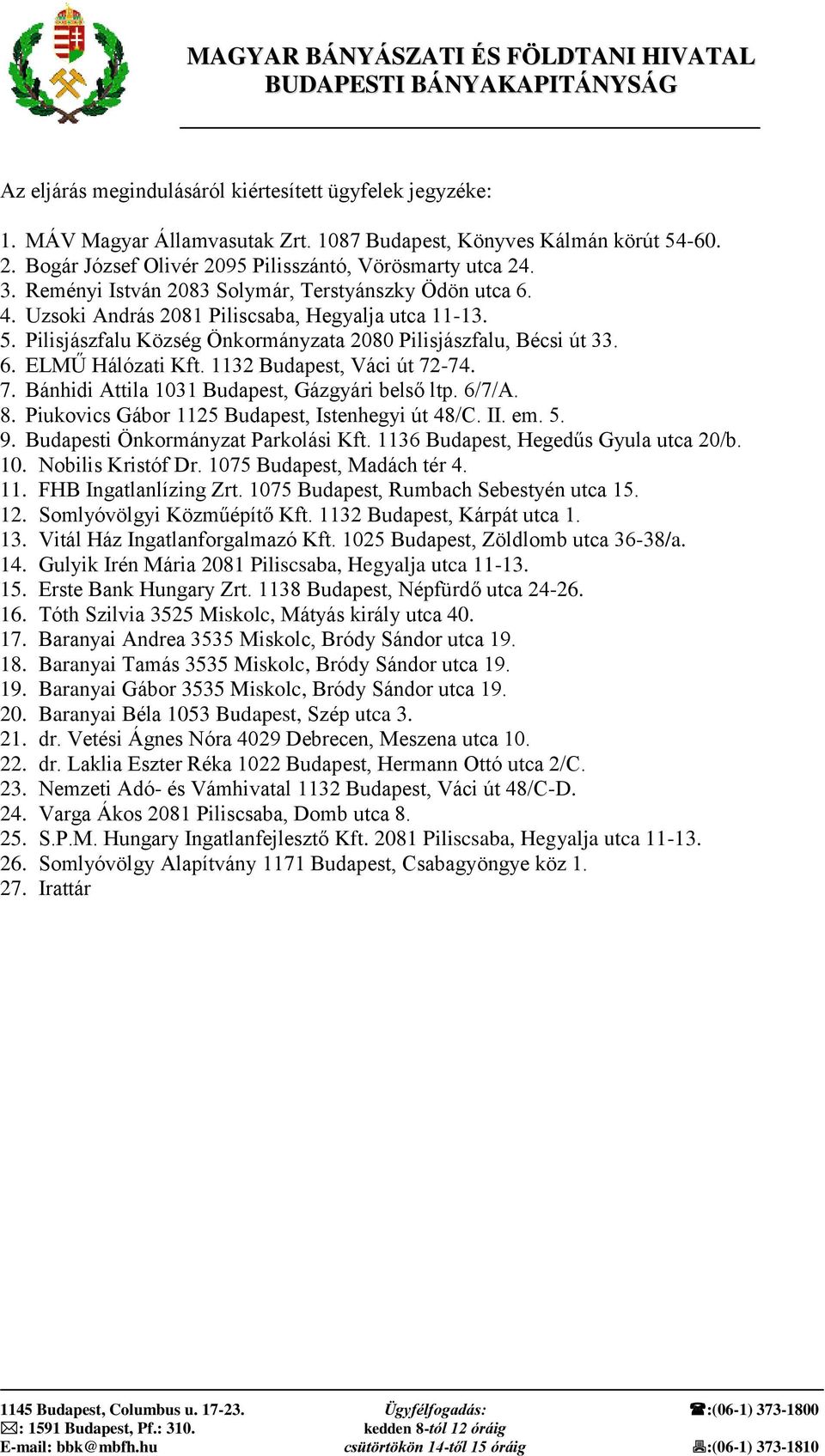 Pilisjászfalu Község Önkormányzata 2080 Pilisjászfalu, Bécsi út 33. 6. ELMŰ Hálózati Kft. 1132 Budapest, Váci út 72-74. 7. Bánhidi Attila 1031 Budapest, Gázgyári belső ltp. 6/7/A. 8.