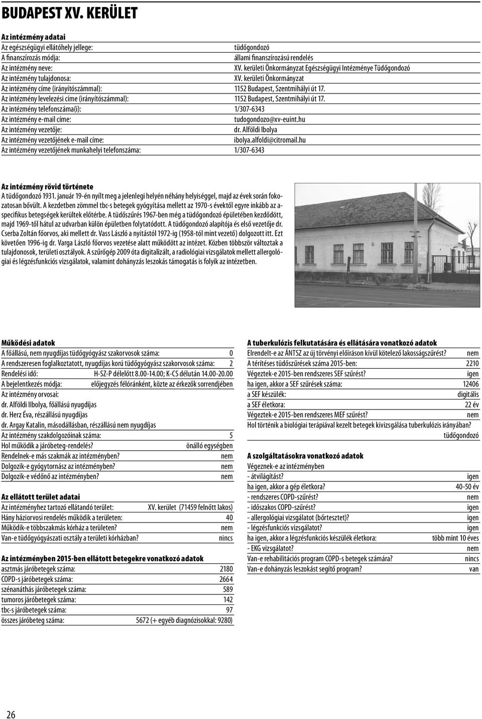 Az intézmény telefonszáma(i): 1/307-6343 tudogondozo@xv-euint.hu dr. Alföldi Ibolya ibolya.alfoldi@citromail.hu Az intézmény vezetőjének munkahelyi telefonszáma: 1/307-6343 A tüdőgondozó 1931.