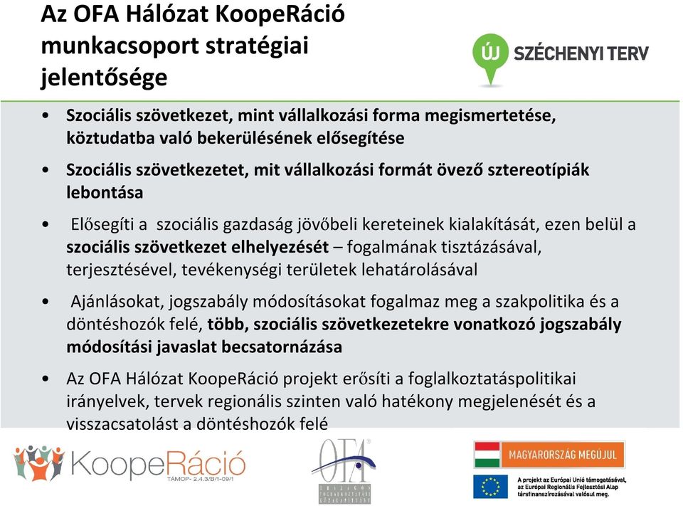 terjesztésével, tevékenységi területek lehatárolásával Ajánlásokat, jogszabály módosításokat fogalmaz meg a szakpolitika és a döntéshozók felé, több, szociális szövetkezetekre vonatkozó jogszabály