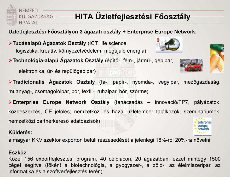 papír-, nyomda-, vegyipar, mezőgazdaság, műanyag-, csomagolóipar, bor, textil-, ruhaipar, bőr, szőrme) Enterprise Europe Network Osztály (tanácsadás innováció/fp7, pályázatok, közbeszerzés, CE