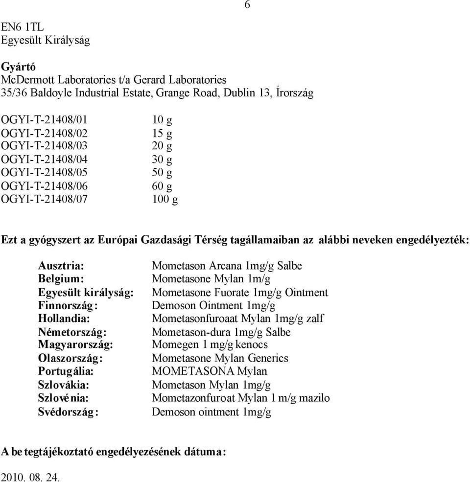 Ausztria: Belgium: Egyesült királyság: Finnország : Hollandia: Németország: Magyarország: Olaszország: Portugália: Szlovákia: Szlovénia: Svédország : Mometason Arcana 1mg/g Salbe Mometasone Mylan