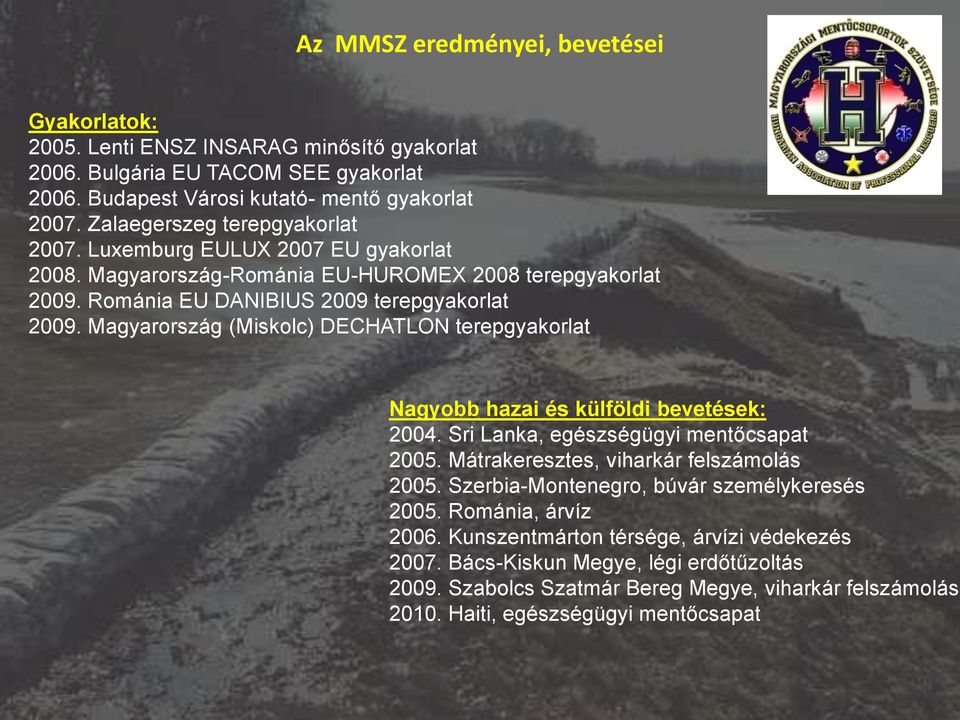 Magyarország (Miskolc) DECHATLON terepgyakorlat Nagyobb hazai és külföldi bevetések: 2004. Sri Lanka, egészségügyi mentőcsapat 2005. Mátrakeresztes, viharkár felszámolás 2005.