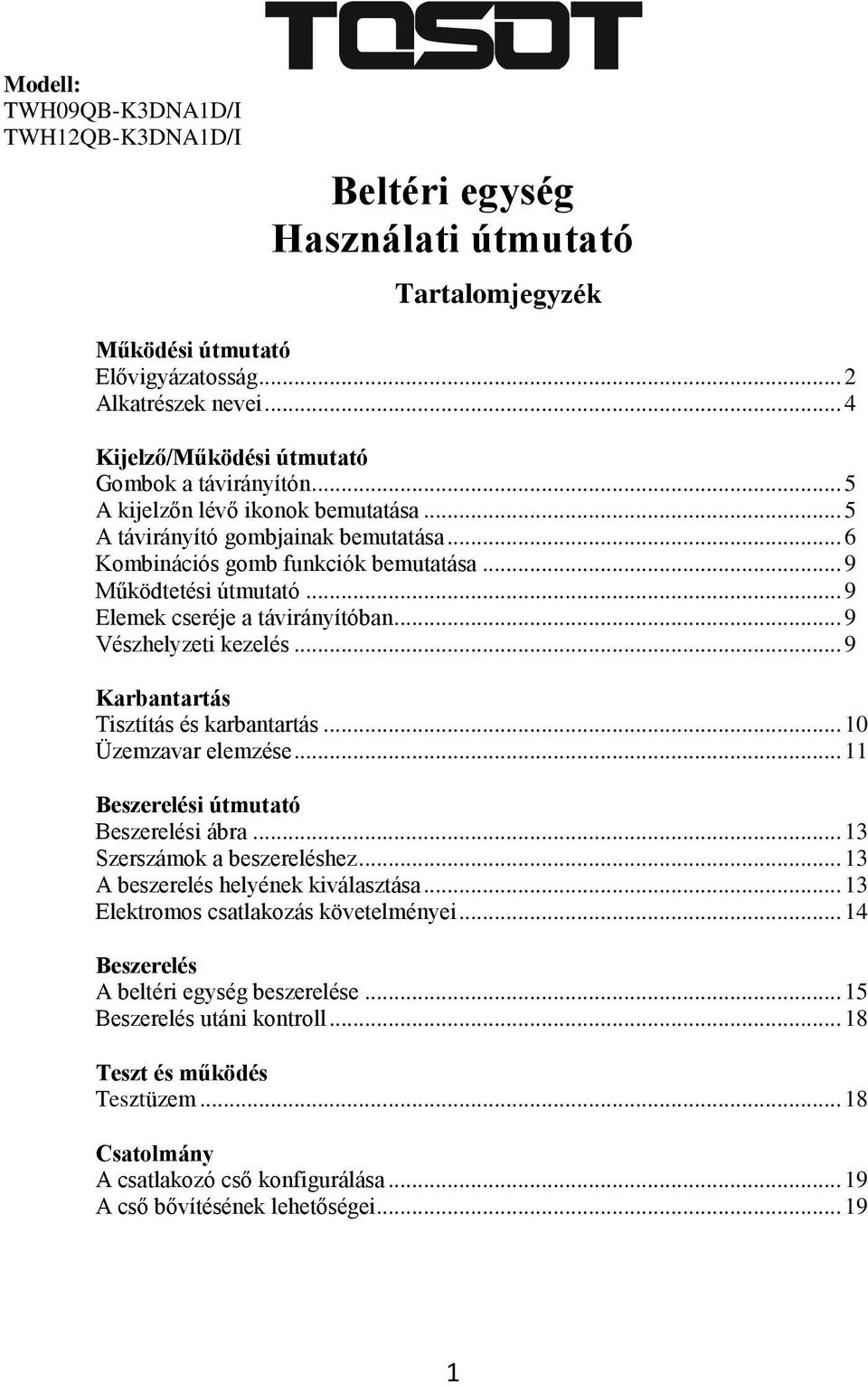 .. 9 Elemek cseréje a távirányítóban... 9 Vészhelyzeti kezelés... 9 Karbantartás Tisztítás és karbantartás... 10 Üzemzavar elemzése... 11 Beszerelési útmutató Beszerelési ábra.