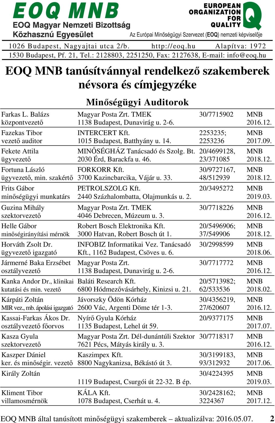 vezető Kárpáti Zoltán MIR vez., mb. ápolási igazgató Kassai-Farkas Ákos Dr. osztályvezető főorvos Kasza Gyula Kaszper Dániel ker. és minőségir.