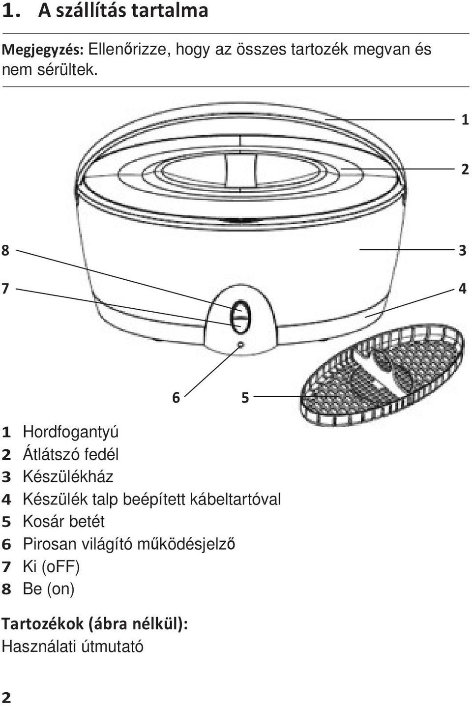 1 2 8 3 7 4 6 5 1 Hordfogantyú 2 Átlátszó fedél 3 Készülékház 4 Készülék talp