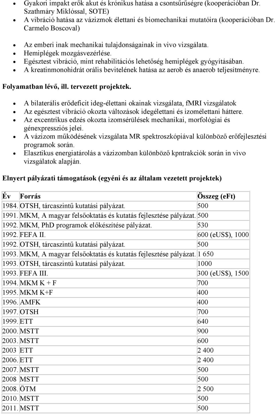 A kreatinmonohidrát orális bevitelének hatása az aerob és anaerob teljesítményre. Folyamatban lévő, ill. tervezett projektek.