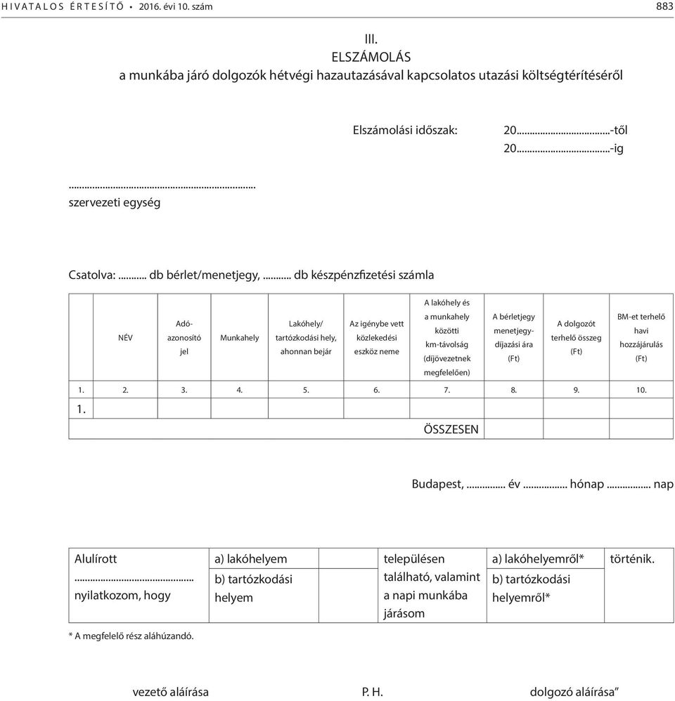 .. db készpénzfizetési számla A lakóhely és NÉV Adó- azonosító jel Munkahely Lakóhely/ tartózkodási hely, ahonnan bejár Az igénybe vett közlekedési eszköz neme a munkahely közötti km-távolság