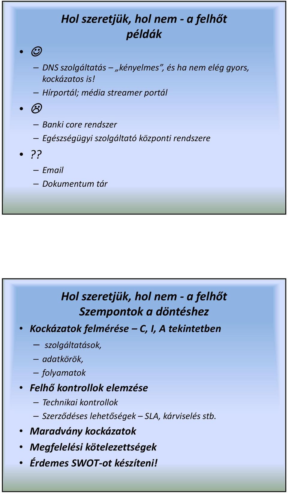 ? Email Dokumentum tár Hol szeretjük, hol nem a felhőt Szempontok a döntéshez Kockázatok felmérése C, I, A tekintetben