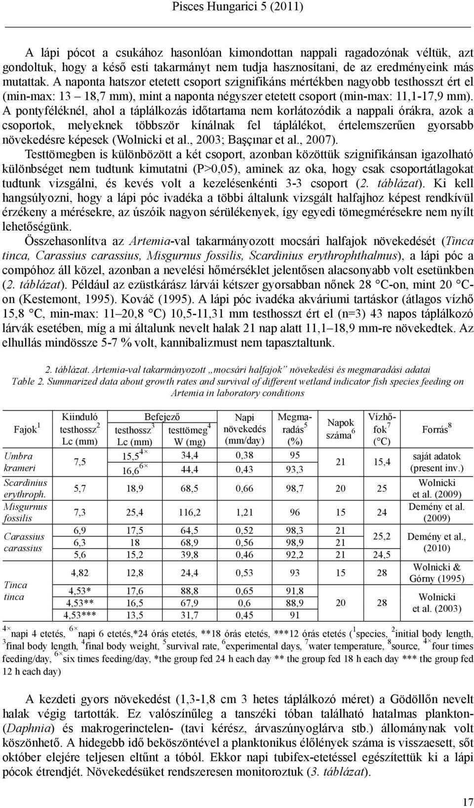 A pontyféléknél, ahol a táplálkozás időtartama nem korlátozódik a nappali órákra, azok a csoportok, melyeknek többször kínálnak fel táplálékot, értelemszerűen gyorsabb növekedésre képesek (Wolnicki