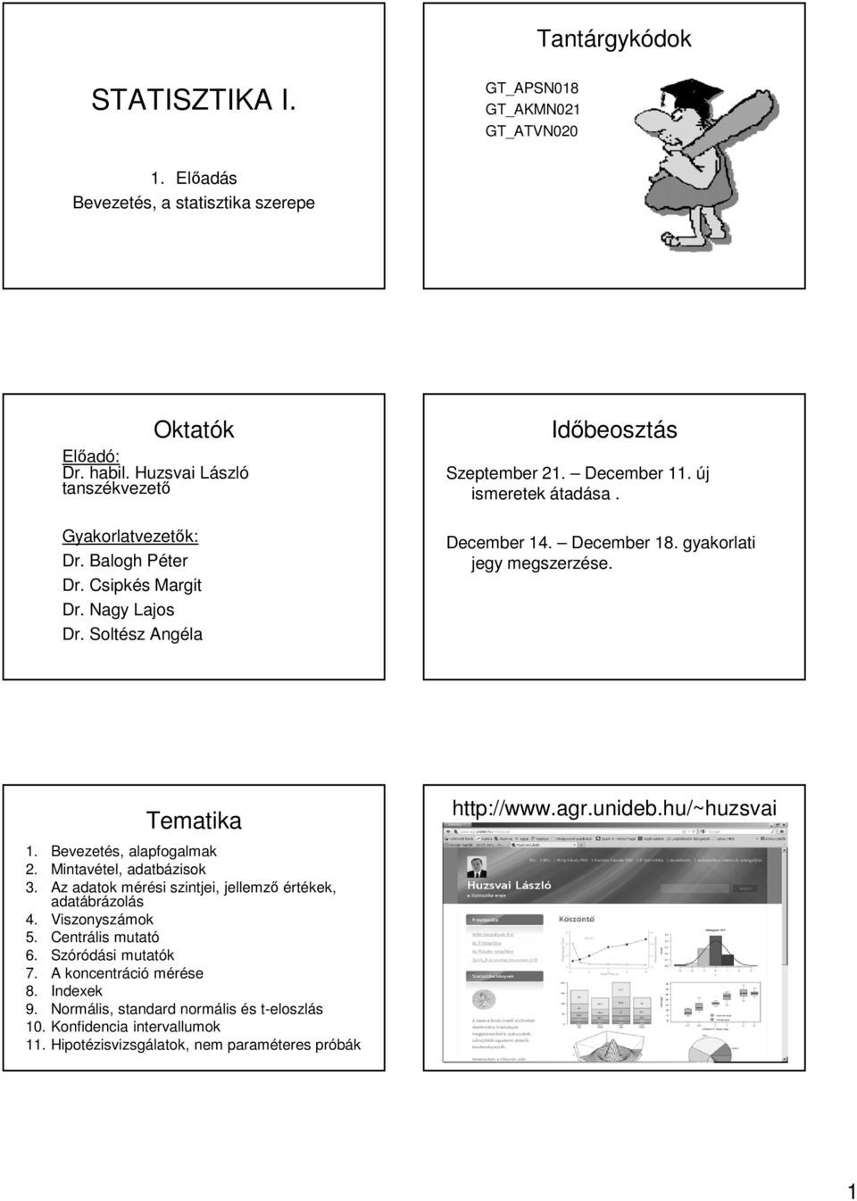 STATISZTIKA I. Tantárgykódok. Oktatók. Időbeosztás. Tematika Előadás  Bevezetés, a statisztika szerepe - PDF Ingyenes letöltés