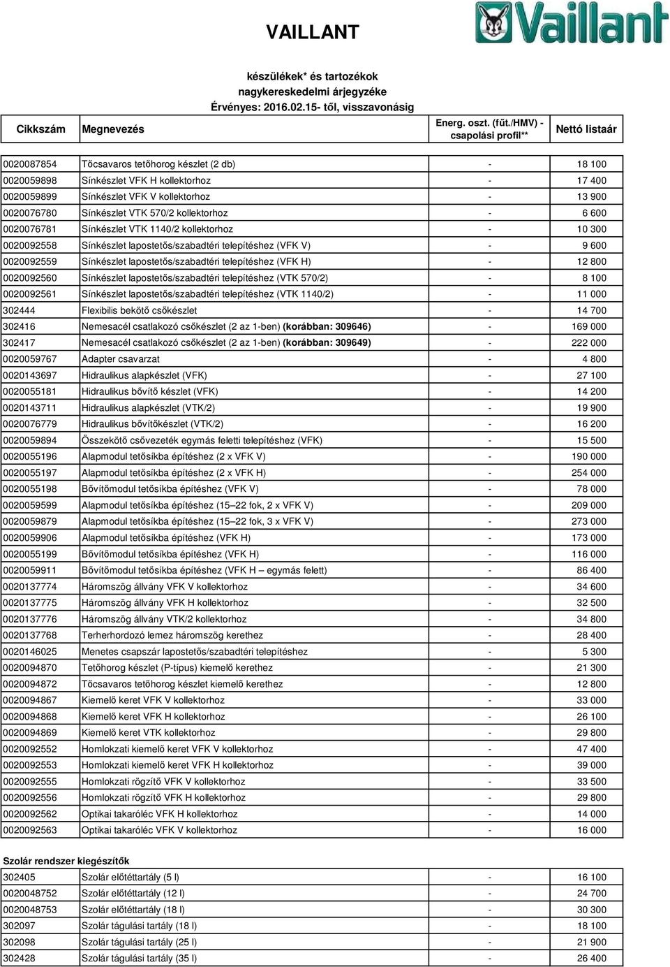 telepítéshez (VFK H) - 12 800 0020092560 Sínkészlet lapostetős/szabadtéri telepítéshez (VTK 570/2) - 8 100 0020092561 Sínkészlet lapostetős/szabadtéri telepítéshez (VTK 1140/2) - 11 000 302444