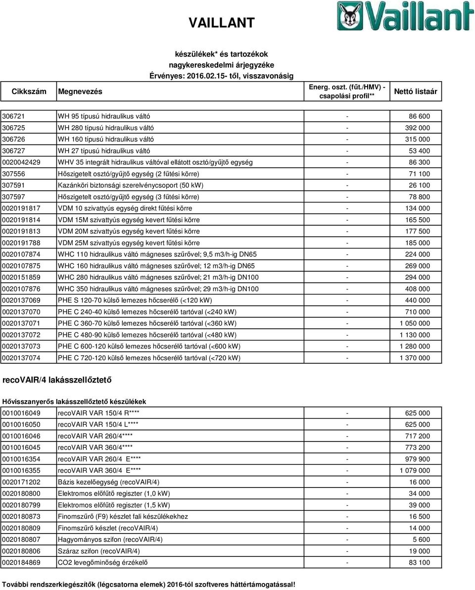 (50 kw) - 26 100 307597 Hőszigetelt osztó/gyűjtő egység (3 fűtési körre) - 78 800 0020191817 VDM 10 szivattyús egység direkt fűtési körre - 134 000 0020191814 VDM 15M szivattyús egység kevert fűtési