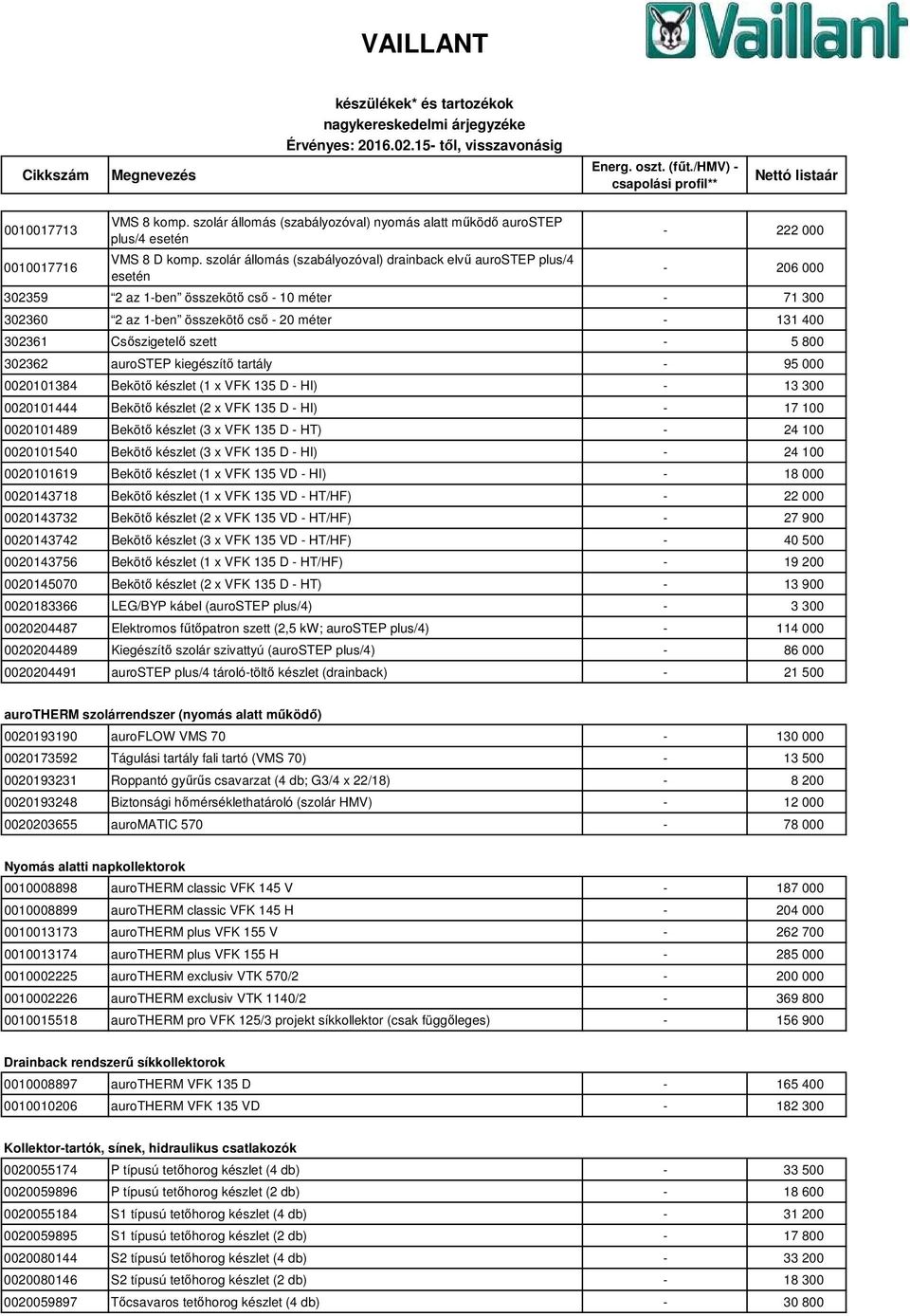 Csőszigetelő szett - 5 800 302362 aurostep kiegészítő tartály - 95 000 0020101384 Bekötő készlet (1 x VFK 135 D - HI) - 13 300 0020101444 Bekötő készlet (2 x VFK 135 D - HI) - 17 100 0020101489