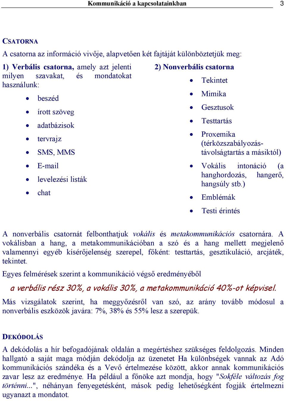 intonáció (a levelezési listák hanghordozás, hangerő, hangsúly stb.) chat Emblémák Testi érintés A nonverbális csatornát felbonthatjuk vokális és metakommunikációs csatornára.