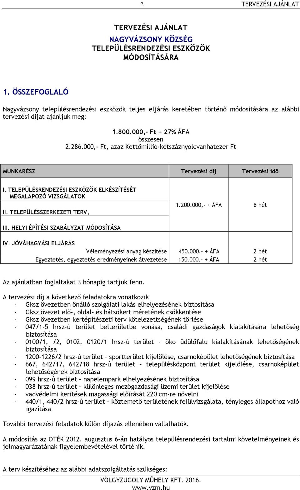 000,- Ft, azaz Kettőmillió-kétszáznyolcvanhatezer Ft MUNKARÉSZ Tervezési díj Tervezési idő I. TELEPÜLÉSRENDEZÉSI ESZKÖZÖK ELKÉSZÍTÉSÉT MEGALAPOZÓ VIZSGÁLATOK II. TELEPÜLÉSSZERKEZETI TERV, 1.200.