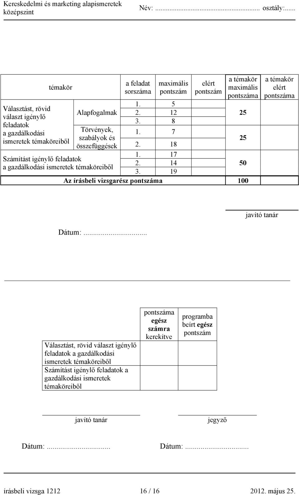 19 Az írásbeli vizsgarész pontszáma 100 a témakör elért pontszáma javító tanár Dátum:.