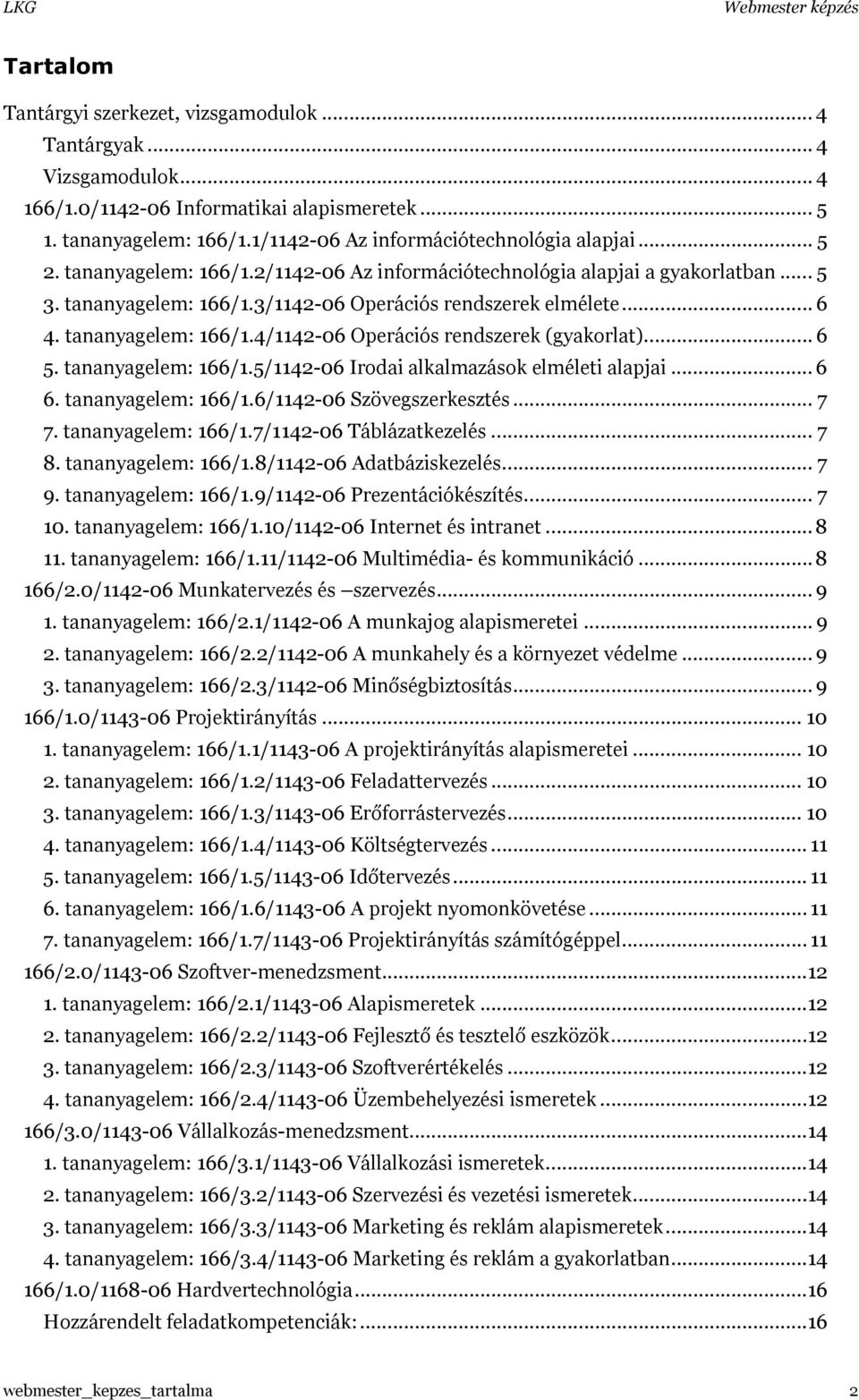 .. 6 5. tananyagelem: 166/1.5/1142-06 Irodai alkalmazások elméleti alapjai... 6 6. tananyagelem: 166/1.6/1142-06 Szövegszerkesztés... 7 7. tananyagelem: 166/1.7/1142-06 Táblázatkezelés... 7 8.