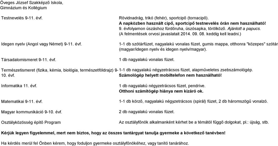 keddig kell leadni.) Természetismeret (fizika, kémia, biológia, természetföldrajz) 9-1-1 db nagyalakú négyzetrácsos füzet, alapműveletes zsebszámológép. 10. évf.