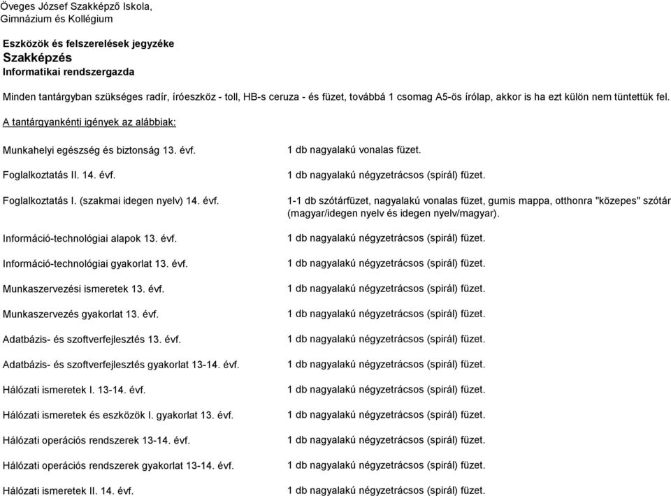 évf. Információ-technológiai gyakorlat 13. évf. Munkaszervezési ismeretek 13. évf. Munkaszervezés gyakorlat 13. évf. Adatbázis- és szoftverfejlesztés 13. évf. Adatbázis- és szoftverfejlesztés gyakorlat 13-14.