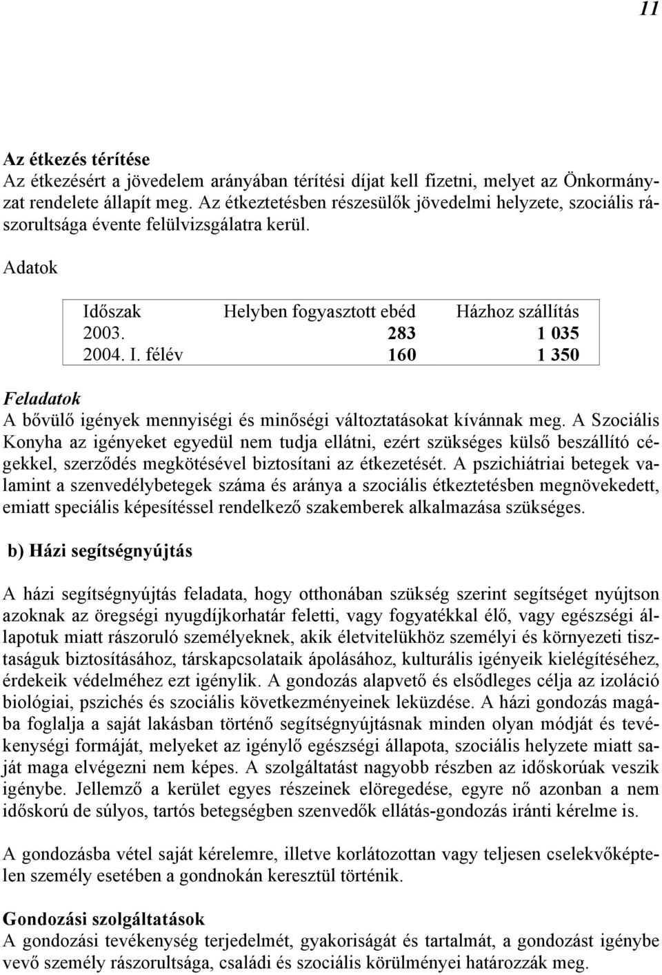 őszak Helyben fogyasztott ebéd Házhoz szállítás 2003. 283 1 035 2004. I. félév 160 1 350 Feladatok A bővülő igények mennyiségi és minőségi változtatásokat kívánnak meg.