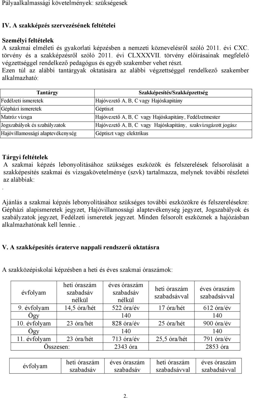 Ezen túl az alábbi tantárgyak oktatására az alábbi végzettséggel rendelkező szakember alkalmazható: Tantárgy Fedélzeti ismeretek Gépházi ismeretek Matróz vizsga Jogszabályok és szabályzatok