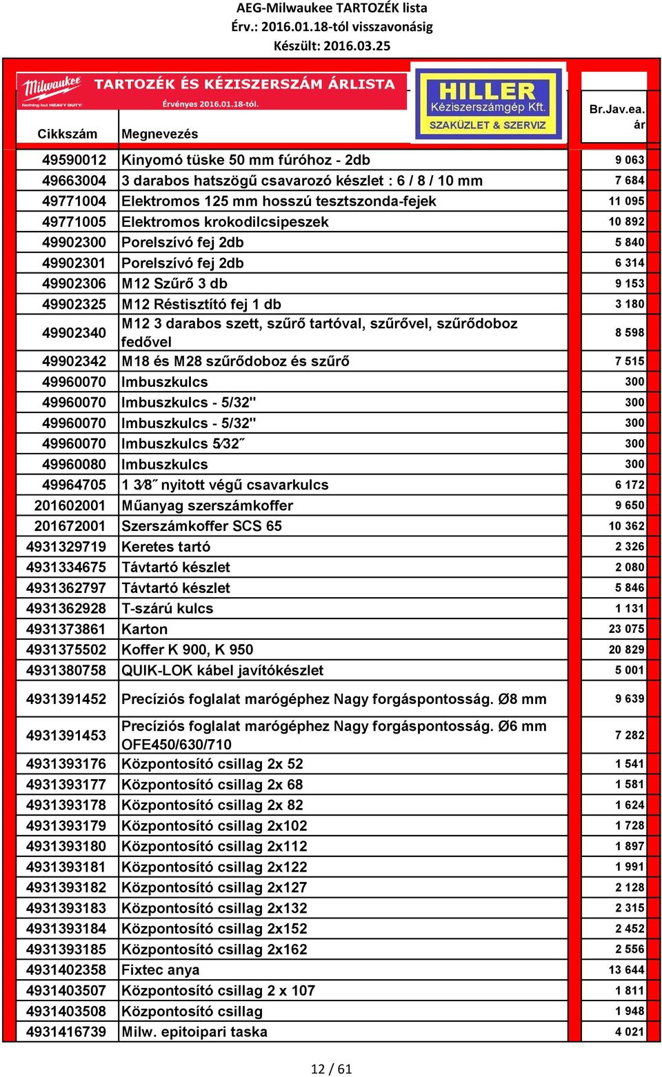 tartóval, szűrővel, szűrődoboz fedővel 8 598 49902342 M18 és M28 szűrődoboz és szűrő 7 515 49960070 Imbuszkulcs 300 49960070 Imbuszkulcs - 5/32" 300 49960070 Imbuszkulcs - 5/32" 300 49960070