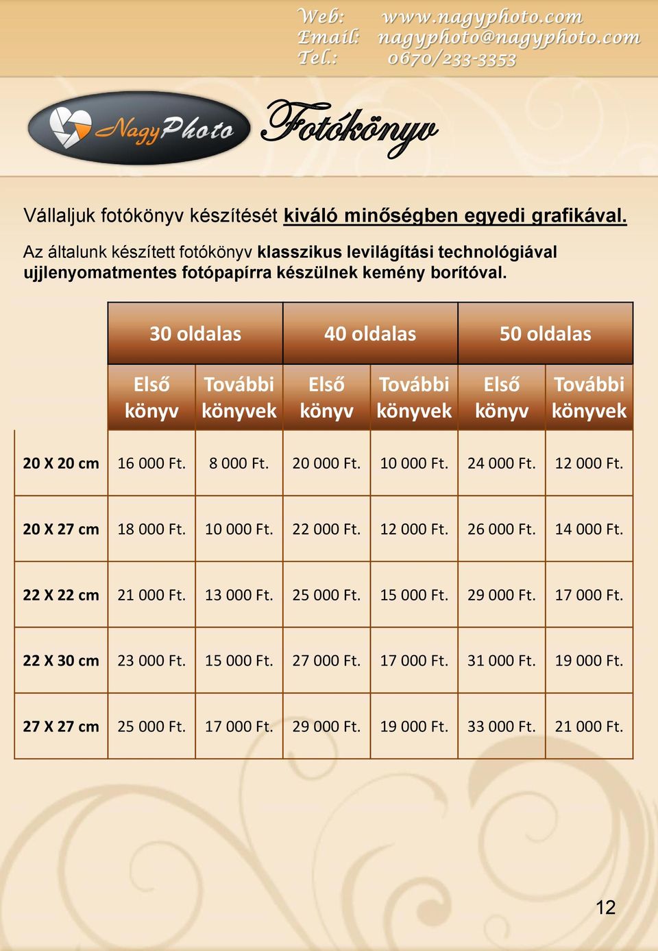 30 oldalas 40 oldalas 50 oldalas Első könyv További könyvek Első könyv További könyvek Első könyv További könyvek 20 X 20 cm 16 000 Ft. 8 000 Ft. 20 000 Ft. 10 000 Ft.