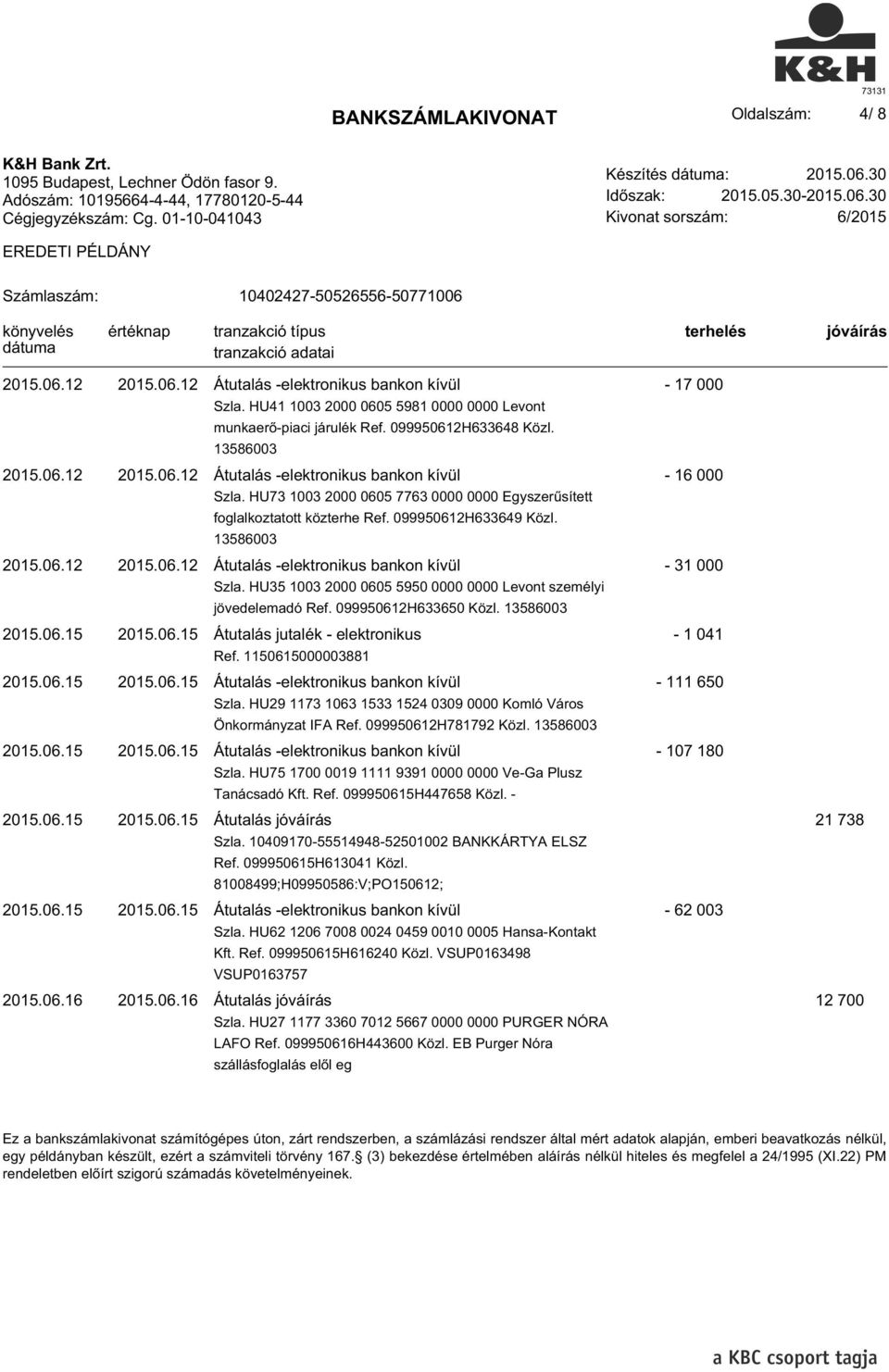 099950612H633649 Közl. 13586003 2015.06.12 2015.06.12 Átutalás -elektronikus bankon kívül - 31 000 Szla. HU35 1003 2000 0605 5950 0000 0000 Levont személyi jövedelemadó Ref. 099950612H633650 Közl.