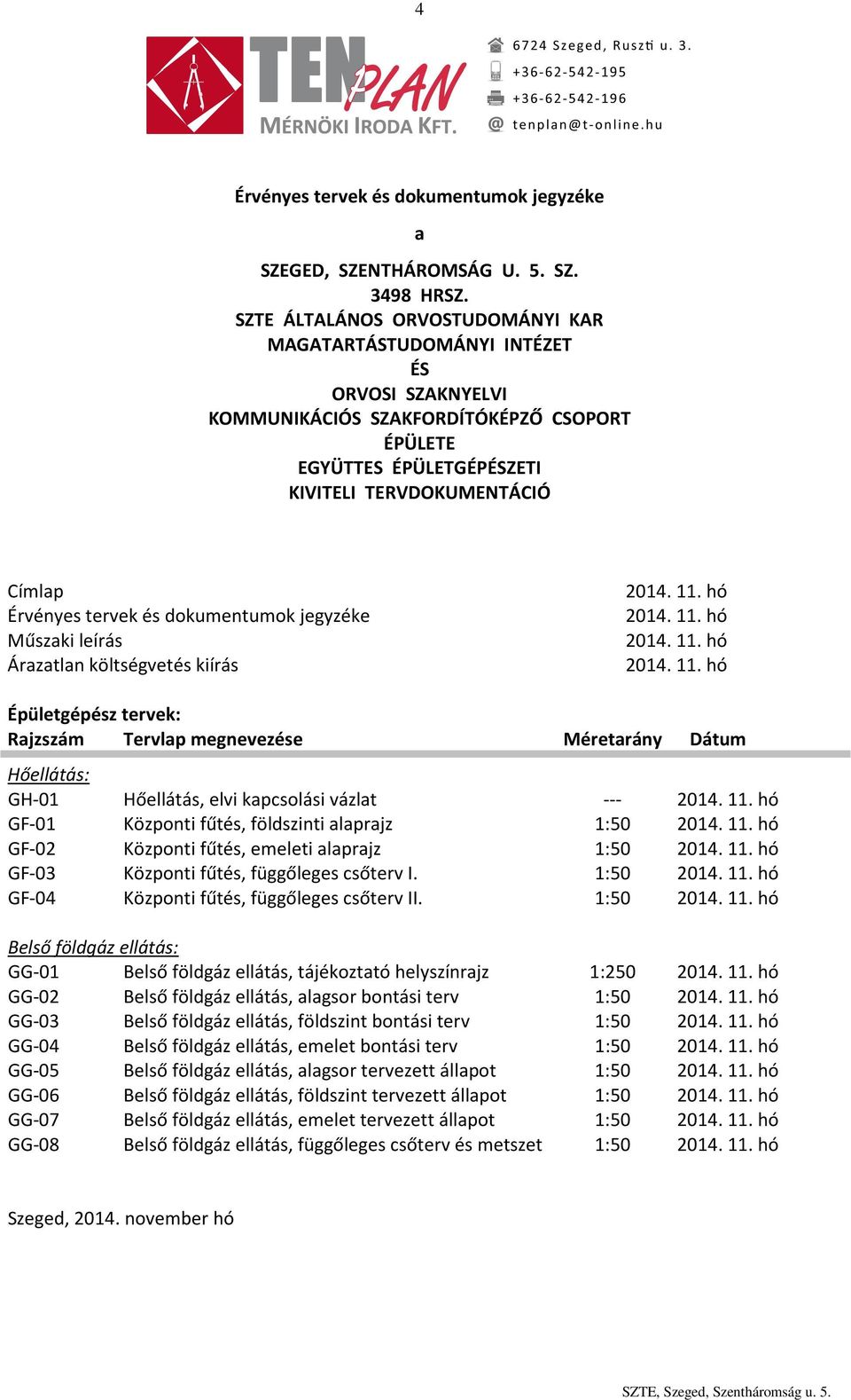 tervek és dokumentumok jegyzéke Műszaki leírás Árazatlan költségvetés kiírás 2014. 11.