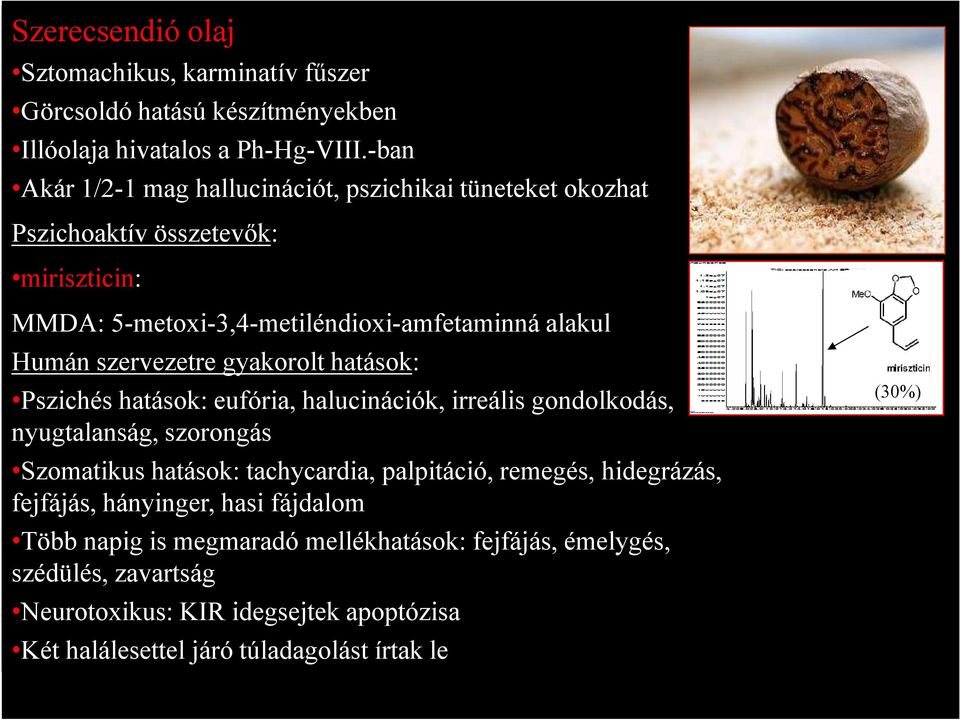 szervezetre gyakorolt hatások: Pszichés hatások: eufória, halucinációk, irreális gondolkodás, nyugtalanság, szorongás Szomatikus hatások: tachycardia, palpitáció,