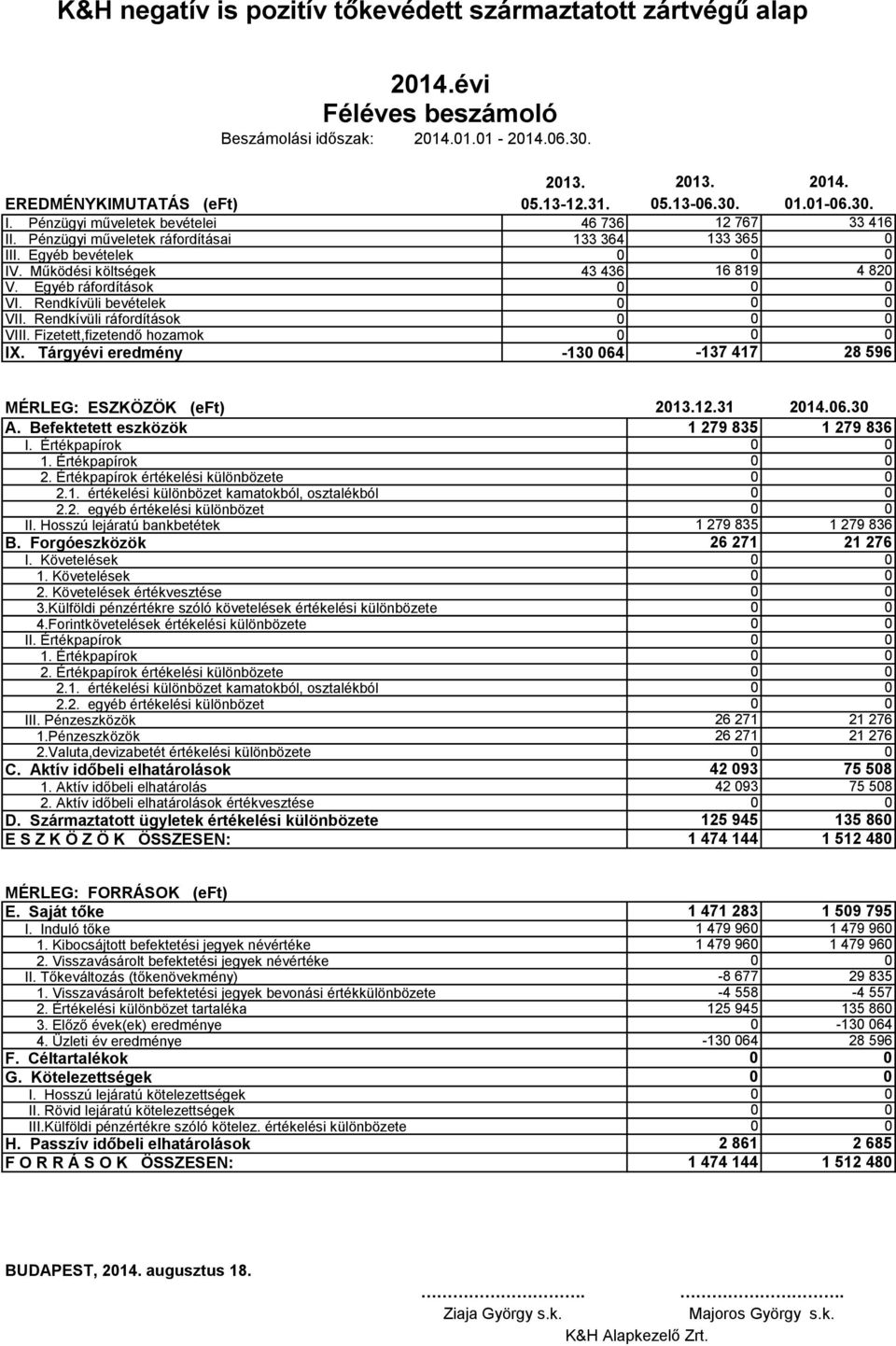 Rendkívüli ráfordítások VIII. Fizetett,fizetendő hozamok IX. Tárgyévi eredmény -13 64 213. 5.13-6.3. 214. 1.1-6.3. 12 767 33 416 133 365 16 819-137 417 4 82 28 596 MÉRLEG: ESZKÖZÖK (eft) A.