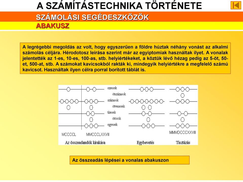 A vonalak jelentették az 1-es, 10-es, 100-as, stb. helyiértékeket, a köztük lévő hézag pedig az 5-öt, 50- et, 500-at, stb.