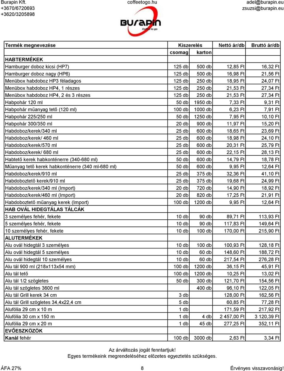 (120 ml) 100 db 1000 db 6,23 Ft 7,91 Ft Habpohár 225/250 ml 50 db 1250 db 7,95 Ft 10,10 Ft Habpohár 300/350 ml 20 db 900 db 11,97 Ft 15,20 Ft Habdoboz/kerek/340 ml 25 db 600 db 18,65 Ft 23,69 Ft