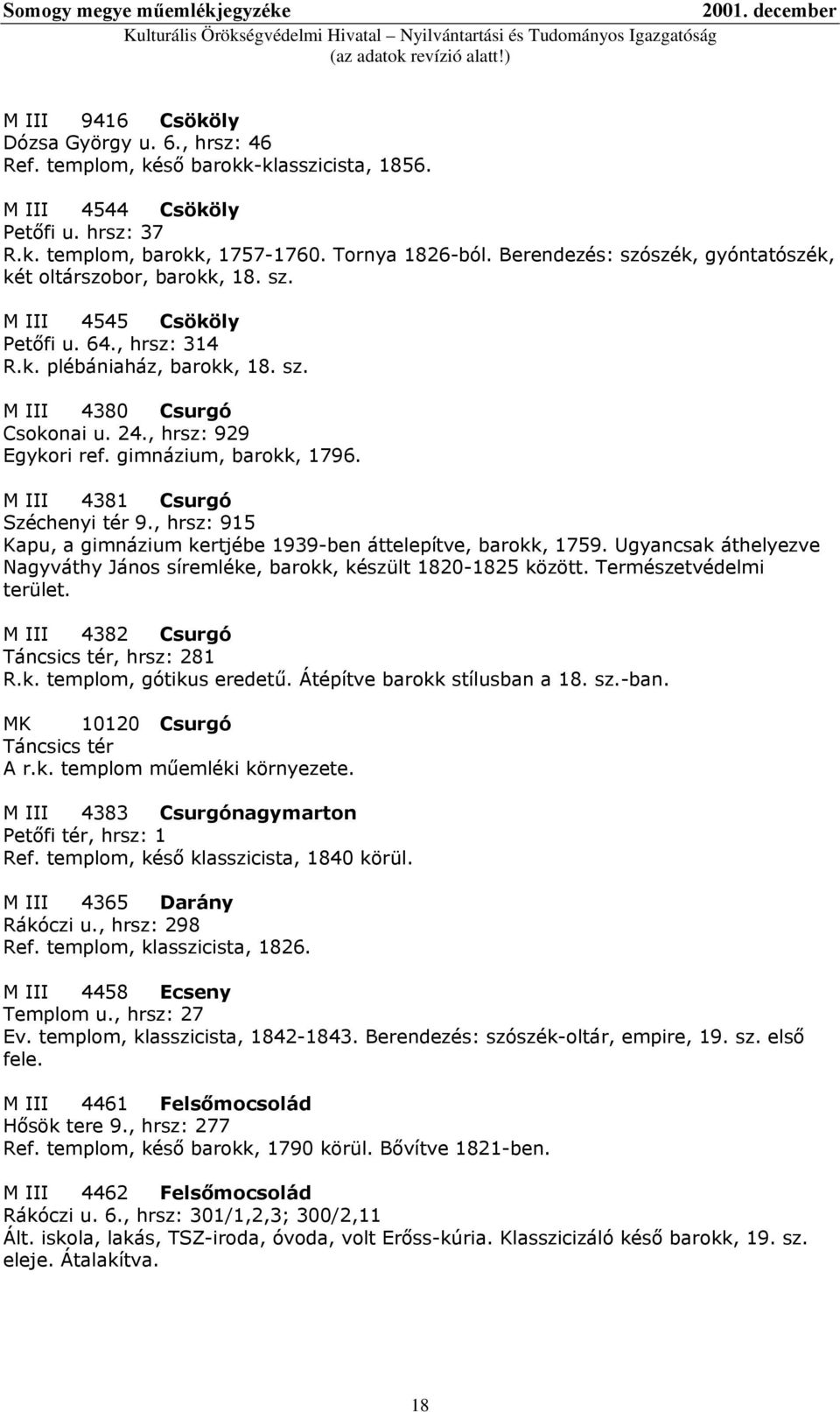 , hrsz: 929 Egykori ref. gimnázium, barokk, 1796. M III 4381 Csurgó Széchenyi tér 9., hrsz: 915 Kapu, a gimnázium kertjébe 1939-ben áttelepítve, barokk, 1759.