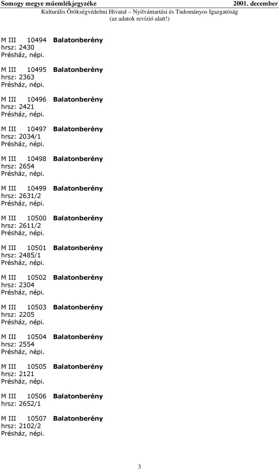 hrsz: 2611/2 M III 10501 Balatonberény hrsz: 2485/1 M III 10502 Balatonberény hrsz: 2304 M III 10503 Balatonberény hrsz: 2205 M III