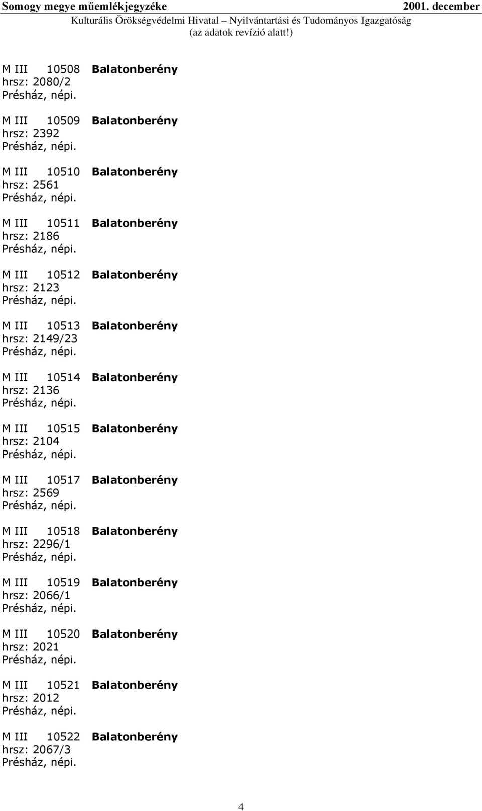 hrsz: 2136 M III 10515 Balatonberény hrsz: 2104 M III 10517 Balatonberény hrsz: 2569 M III 10518 Balatonberény hrsz: 2296/1 M III