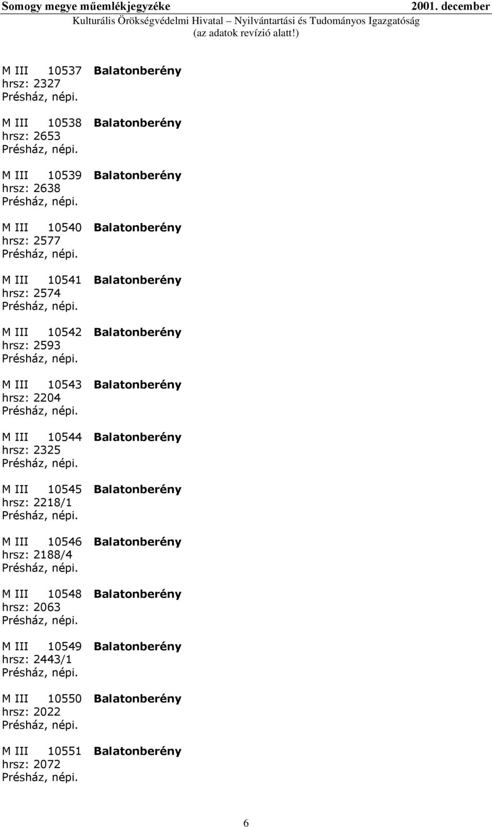 2204 M III 10544 Balatonberény hrsz: 2325 M III 10545 Balatonberény hrsz: 2218/1 M III 10546 Balatonberény hrsz: 2188/4 M III 10548