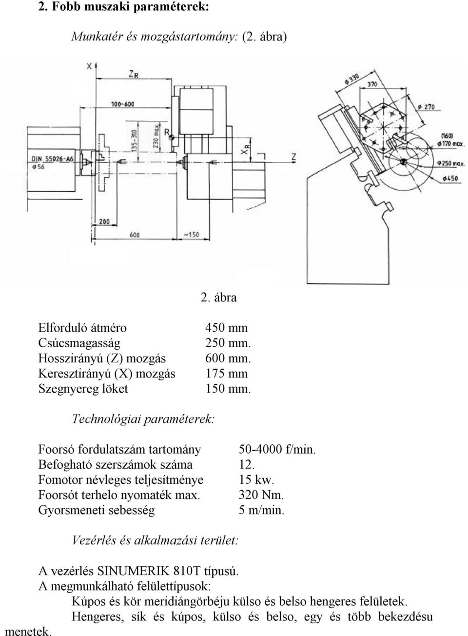 Technológiai paraméterek: Foorsó fordulatszám tartomány 50-4000 f/min. Befogható szerszámok száma 12. Fomotor névleges teljesítménye 15 kw.