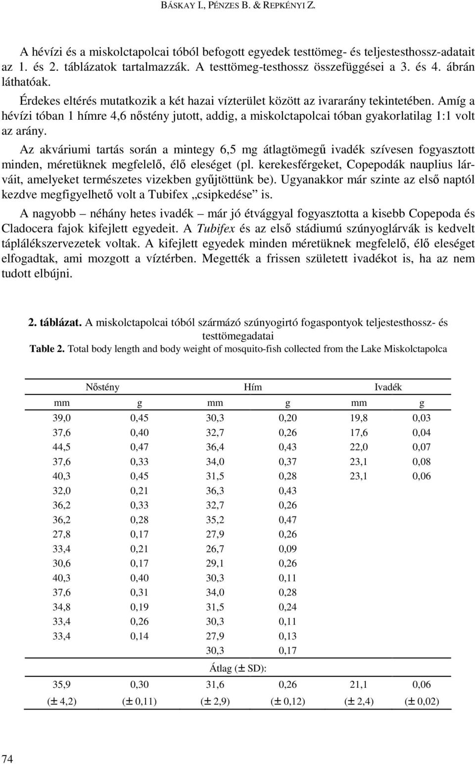Amíg a hévízi tóban 1 hímre 4,6 nıstény jutott, addig, a miskolctapolcai tóban gyakorlatilag 1:1 volt az arány.