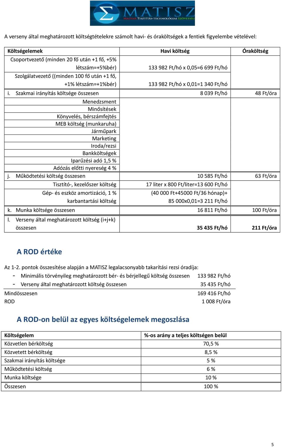 Szakmai irányítás költsége összesen 8 039 Ft/hó 48 Ft/óra Menedzsment Minősítések Könyvelés, bérszámfejtés MEB költség (munkaruha) Járműpark Marketing Iroda/rezsi Bankköltségek Iparűzési adó 1,5 %