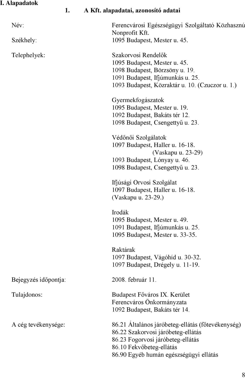 19. 1092 Budapest, Bakáts tér 12. 1098 Budapest, Csengettyű u. 23. Védőnői Szolgálatok 1097 Budapest, Haller u. 16-18. (Vaskapu u. 23-29) 1093 Budapest, Lónyay u. 46. 1098 Budapest, Csengettyű u. 23. Ifjúsági Orvosi Szolgálat 1097 Budapest, Haller u.