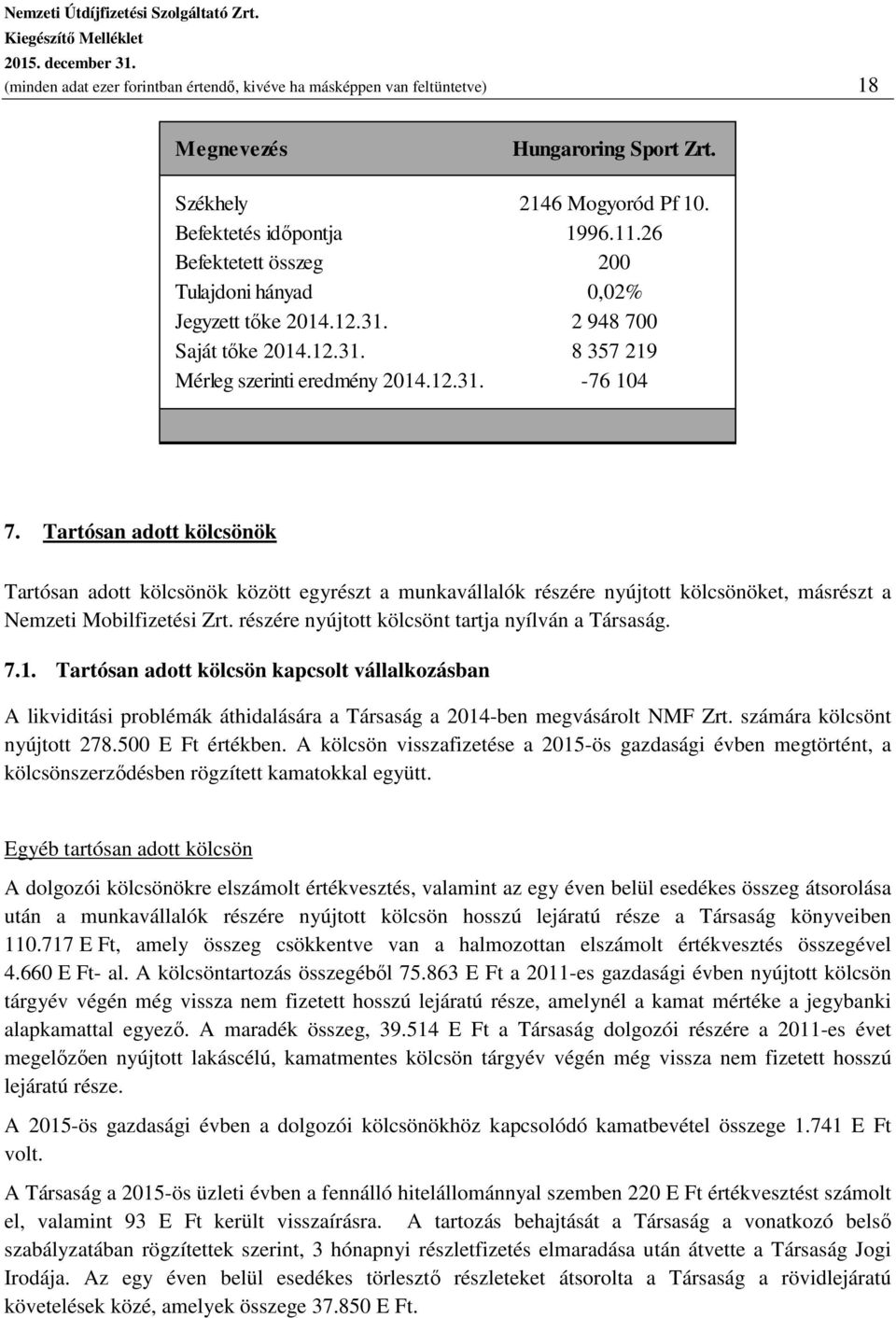 Tartósan adott kölcsönök Tartósan adott kölcsönök között egyrészt a munkavállalók részére nyújtott kölcsönöket, másrészt a Nemzeti Mobilfizetési Zrt.