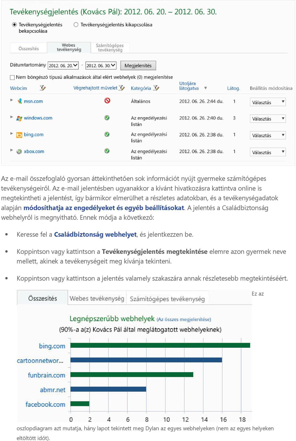 engedélyeket és egyéb beállításokat. A jelentés a Családbiztonság webhelyről is megnyitható. Ennek módja a következő: Keresse fel a Családbiztonság webhelyet, és jelentkezzen be.