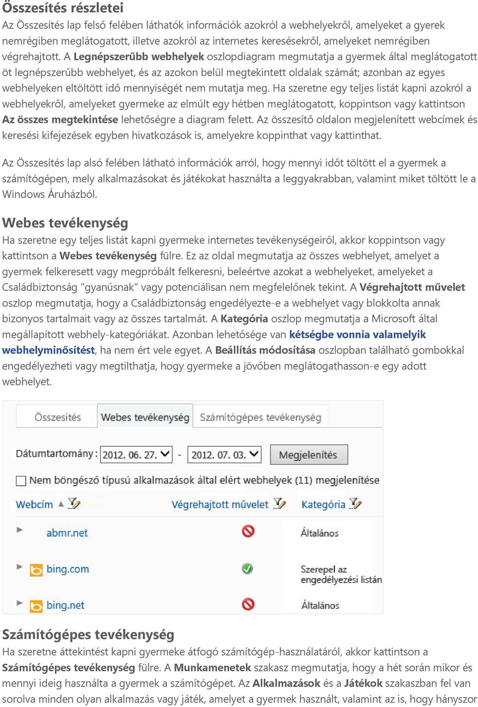 A Legnépszerűbb webhelyek oszlopdiagram megmutatja a gyermek által meglátogatott öt legnépszerűbb webhelyet, és az azokon belül megtekintett oldalak számát; azonban az egyes webhelyeken eltöltött idő