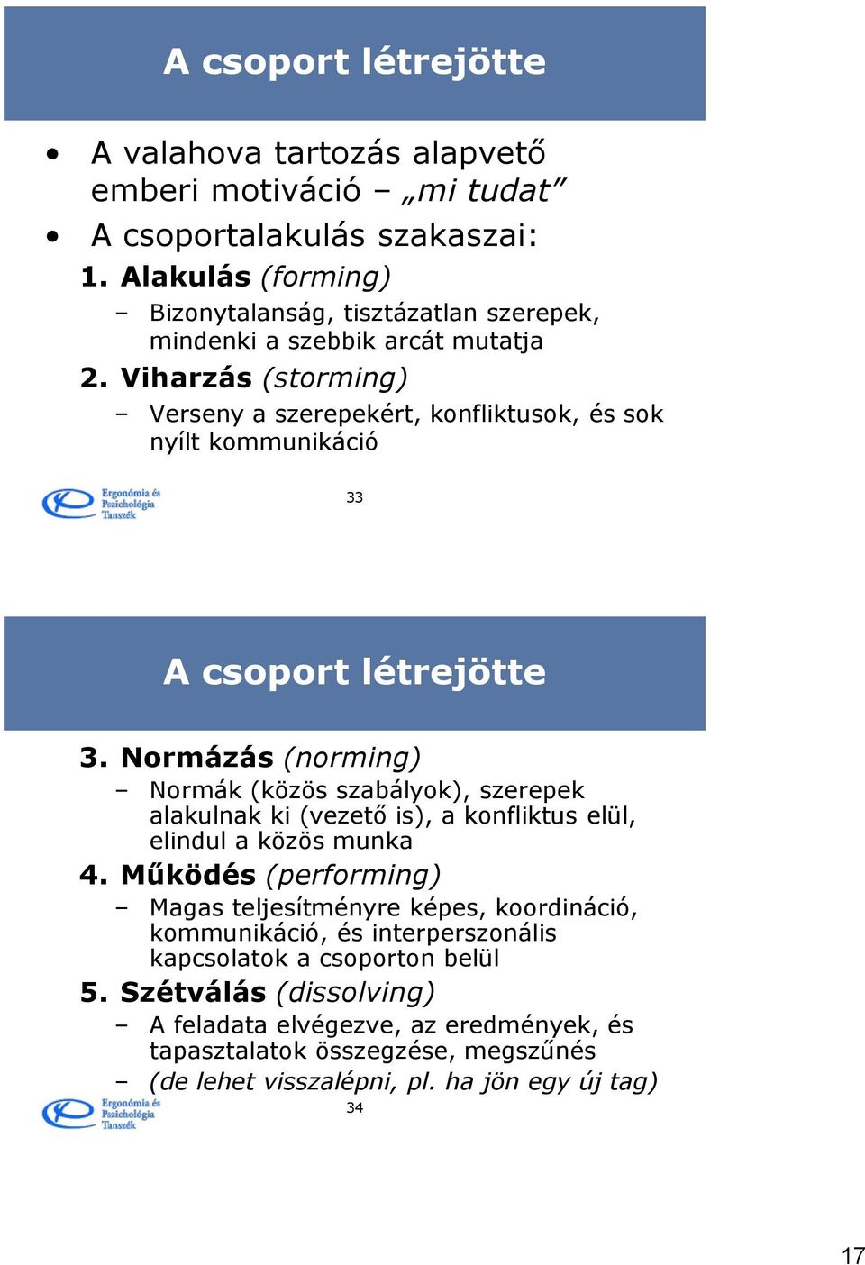 Viharzás (storming) Verseny a szerepekért, konfliktusok, és sok nyílt kommunikáció 33 A csoport létrejötte 3.