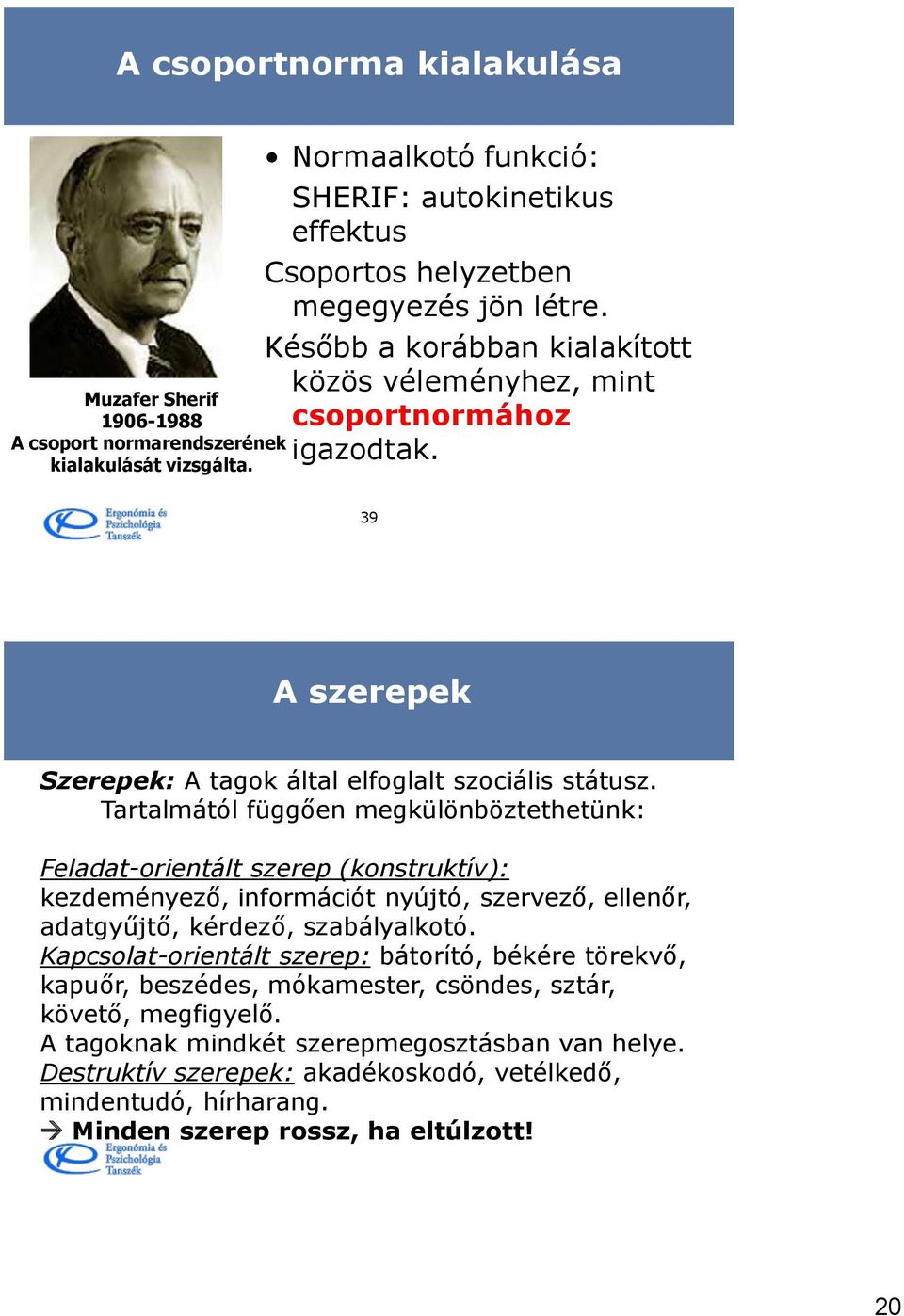 Tartalmától függően megkülönböztethetünk: Feladat-orientált szerep (konstruktív): kezdeményező, információt nyújtó, szervező, ellenőr, adatgyűjtő, kérdező, szabályalkotó.