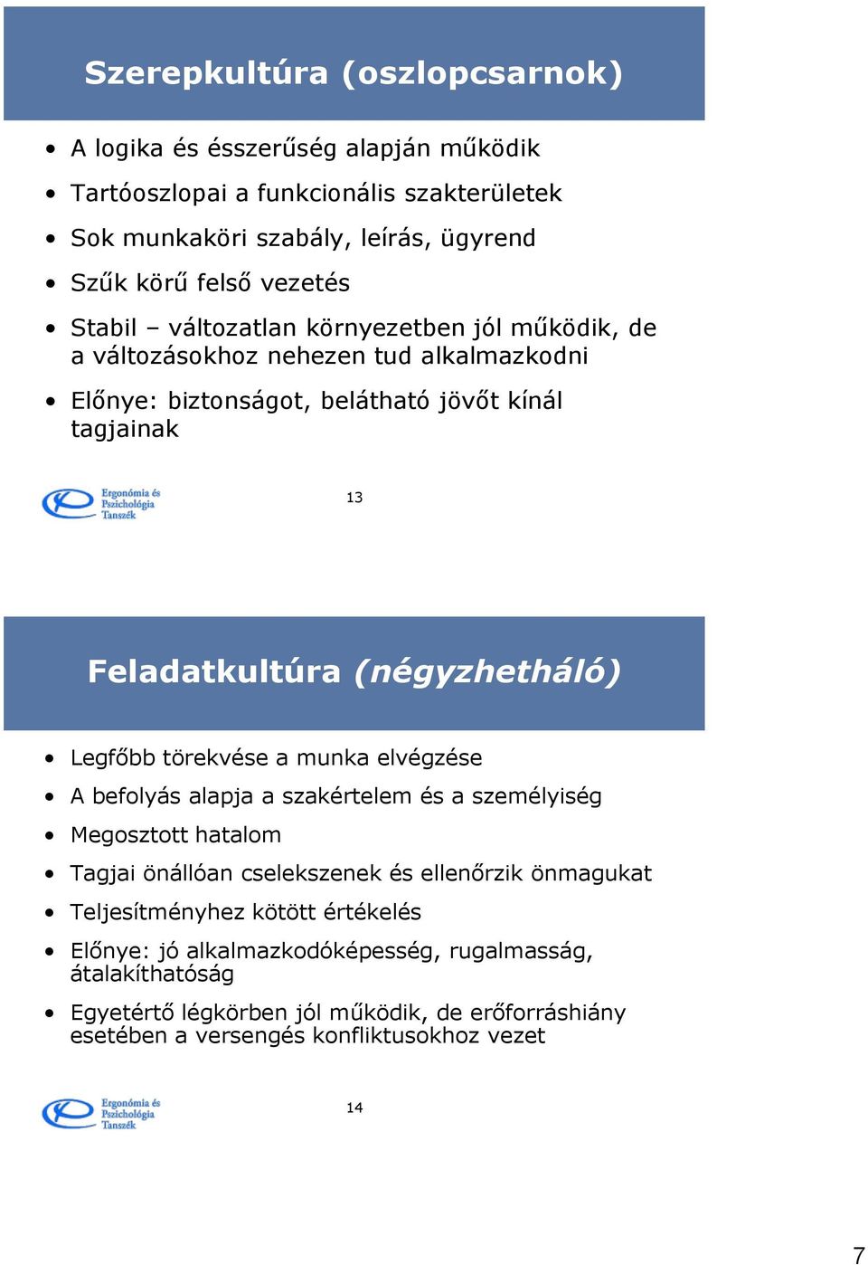 Legfőbb törekvése a munka elvégzése A befolyás alapja a szakértelem és a személyiség Megosztott hatalom Tagjai önállóan cselekszenek és ellenőrzik önmagukat Teljesítményhez