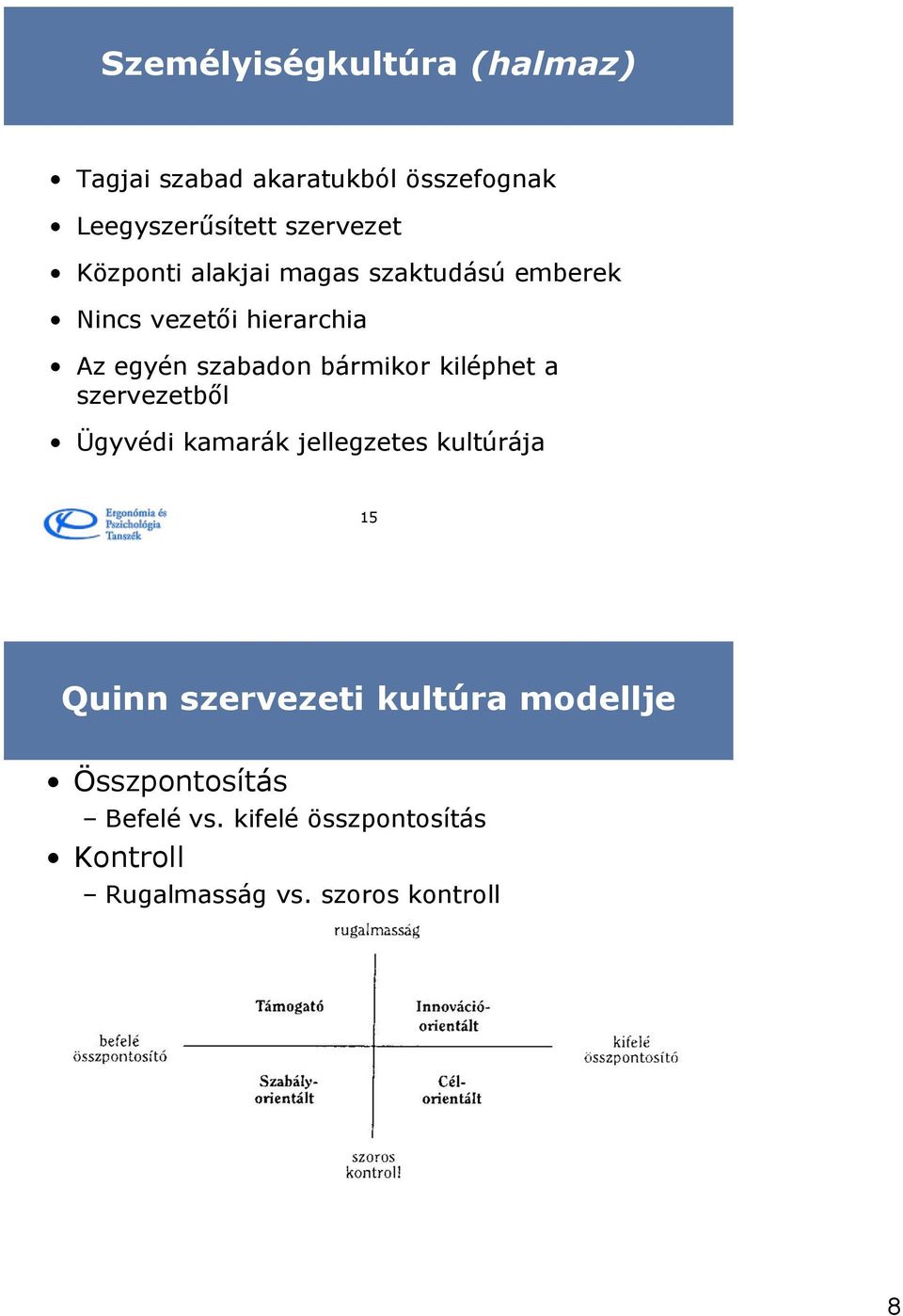 kiléphet a szervezetből Ügyvédi kamarák jellegzetes kultúrája 15 Quinn szervezeti kultúra
