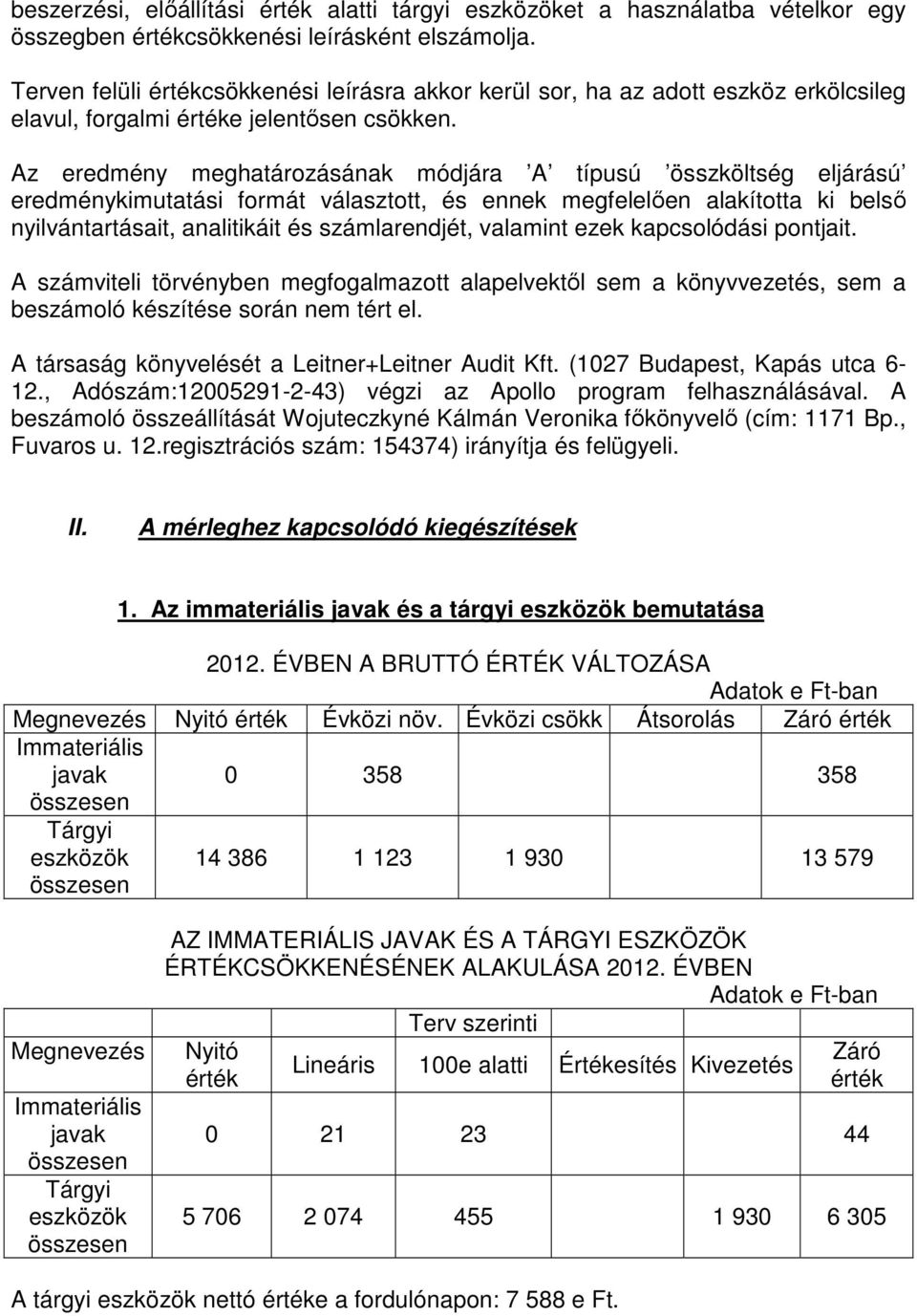 Az eredmény meghatározásának módjára A típusú összköltség eljárású eredménykimutatási formát választott, és ennek megfelelően alakította ki belső nyilvántartásait, analitikáit és számlarendjét,